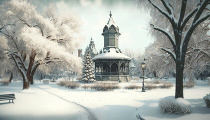 A city park with historic buildings in the background, covered in snow, surrounded by a winter wonderland, capturing the peacefulness of the park after a fresh snowfall