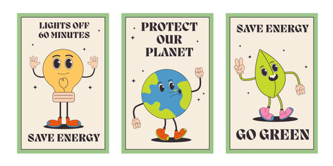 Retro earth cartoon character poster set. Earth Day. Save, protect planet conception. Trendy groovy 70s style illustration.