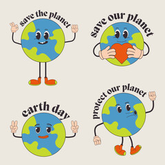 Retro earth cartoon character. Earth Day. Save planet conception. World Environment Day. Trendy groovy 70s style illustration.