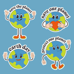 Retro earth cartoon character sticker. Earth Day. Save planet conception. Trendy groovy 70s style illustration.
