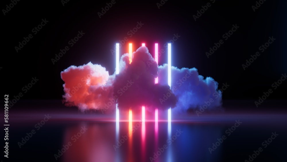 Wall mural 3d render, abstract minimalist background. neon vertical lines and glowing colorful cloud. stormy cu