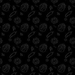 White outline Seamless vegetable isolated in dark background Vector Pattern Bright color Pattern suitable for posters, postcards, fabric or wrapping paper