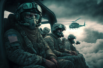 Naklejka premium Helicopter-supported Military Infantry, Generative AI.