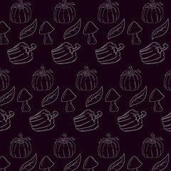White outline Seamless vegetable isolated in dark background Vector Pattern Bright color Pattern suitable for posters, postcards, fabric or wrapping paper