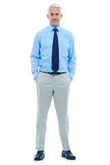 Instilling confidence. Full length studio portrait of a confident businessman isolated on white.
