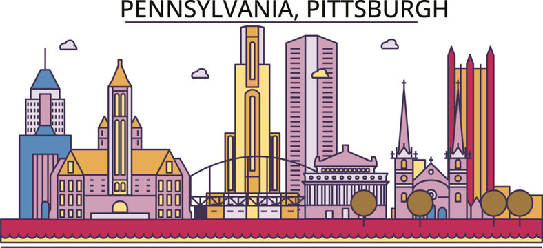 United States, Pittsburgh tourism landmarks, vector city travel illustration