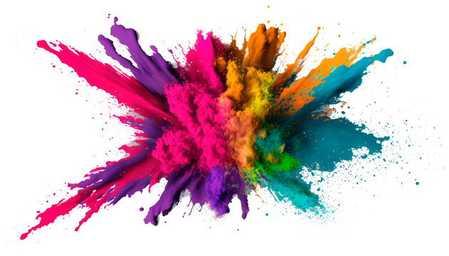 Multicolored explosion of rainbow powder paint holi decoration isolated on transparent background. PNG, generative AI