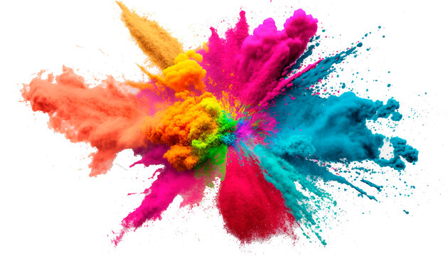 Multicolored explosion of rainbow powder paint holi decoration isolated on transparent background. PNG, generative AI
