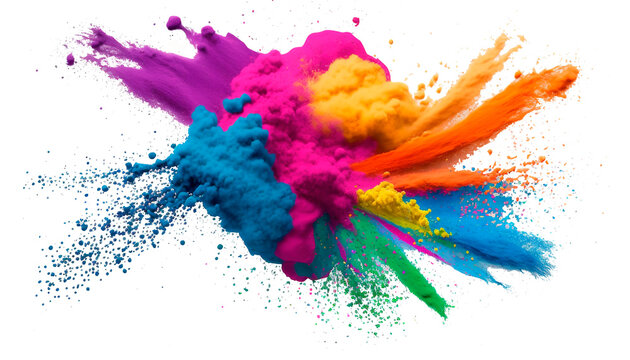 Multicolored explosion of rainbow powder paint holi decoration isolated on transparent background. PNG, generative AI