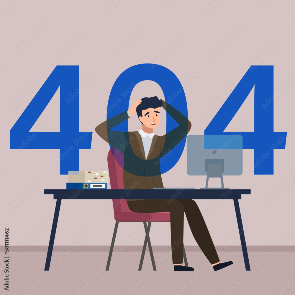 Poster 404 error page not found system updates, upset man sitting at computer, server cannot find data as r