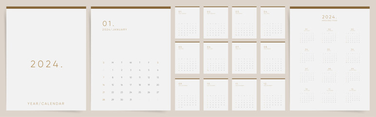 Calendar 2024. Week starts Sunday. Minimal boho design monthly template vector.	 - obrazy, fototapety, plakaty