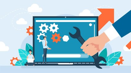 User interface customization, programming. The concept of creating, customizing, personal pages, repair. A user adjusts the settings on the monitor. Laptop screen with user personal page. 2D animation