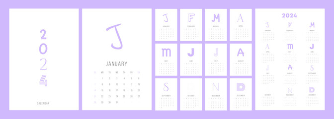 2024 minimal creative calendar template. Week starts on Sunday. clean typography design, ready to print 2024 calendar with modern lettering design. Vector annual set template.	