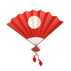 Japan traditional fan, hand accessory with wooden details with fringe in cartoon style isolated on white background.