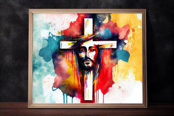 Watercolor Illustration of a Abstract Art. Colorful Painting Art Of The Cross. Jesus Christ. Christian Illustration. Generative AI