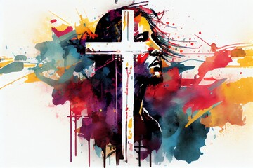 Watercolor Illustration of a Abstract Art. Colorful Painting Art Of The Cross. Jesus Christ. Christian Illustration. Generative AI