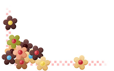 カラフルなお花のクッキーのL字フレーム コピースペース有 白背景スクエアドット イラスト素材 色違い・差分あり