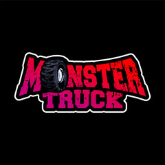 monster truck text, letter with tire vector logo design inspiration, Design element for logo, poster, card, banner, emblem, t shirt. Vector illustration © SATURA