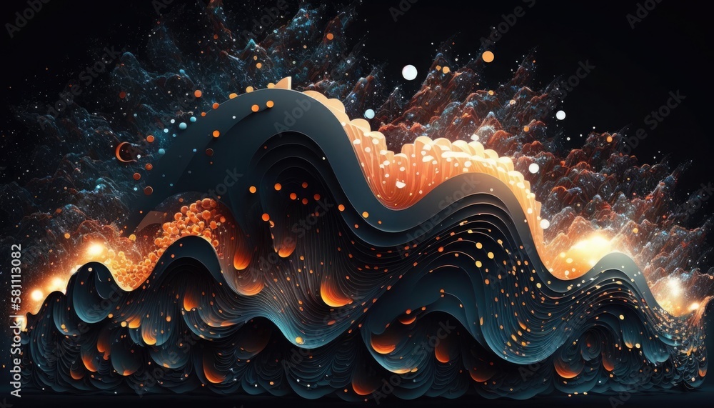 Poster abstract digital wave of particles, with a futuristic point convulse style background. generative ai