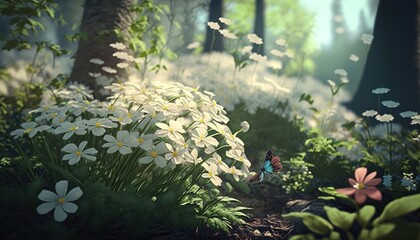 forest with lots of white spring flowers and butterfly. Generative AI.