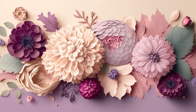 top view image of pink and purple flowers composition on pastel color background.