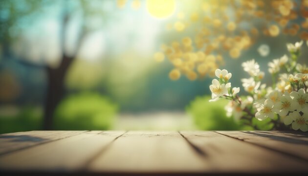 Spring Time Flower Blossoms On Wooden Table In Green Garden. Copy Space for text, product or graphic. Generative AI.