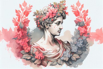 Watercolor Illustration of a Bust With Crown Of Blooming Flowers. Generative AI