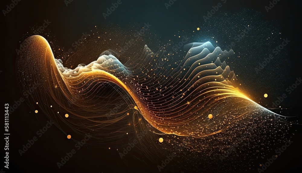 Poster abstract digital wave of particles, with a futuristic point convulse style background. generative ai