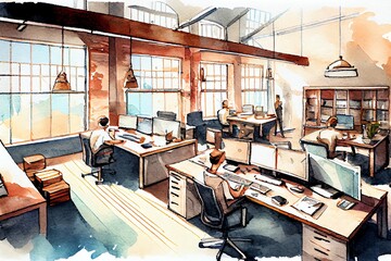 Watercolor Illustration of a Coworking Office With Industrial Loft Design, With Desks And Workstations With Computers. Generative AI
