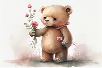 Watercolor Illustration of a Cute Teddy Bear Holding A Pink Flower. Generative AI