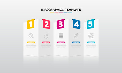 Business infographic template process with simple geometry square, rectangle, circle, triangle, curves in flat design template with thin line icons and 5 options or steps. Vector illustration.