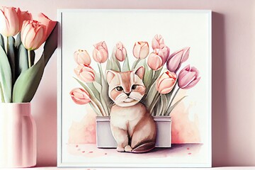 Watercolor Illustration of a Cute Cat Holding A Bouquet Of Tulips On Pink Background. Generative AI