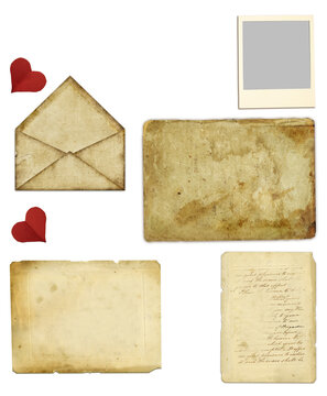 Vintage romantic papers set and love letters retro style, isolated background collection