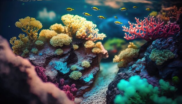 Underwater seafloor scenery filled with coral reefs. Generative AI