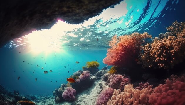 Underwater seafloor scenery filled with coral reefs. Generative AI
