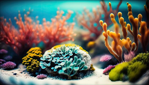 Underwater seafloor scenery filled with coral reefs. Generative AI
