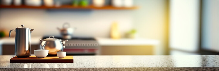 Modern empty marble tabletop on blurry kitchen interior banner. Generative AI illustration