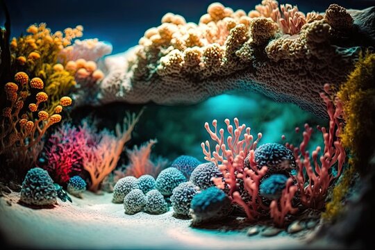 Underwater seafloor scenery filled with coral reefs. Generative AI