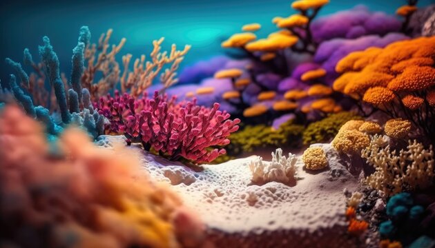 Underwater seafloor scenery filled with coral reefs. Generative AI