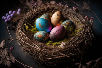 Fototapeta na wymiar Colorful easter eggs in the nest with leaves around. Ai generative 