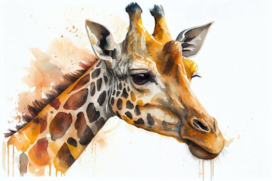 Watercolor Illustration of a Giraffe Head , Animal, Isolated On White Background. Generative AI