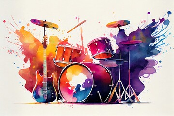 Watercolor Illustration of a Guitars And Drums With Rainbow Paint Energetic Explosion. Generative AI