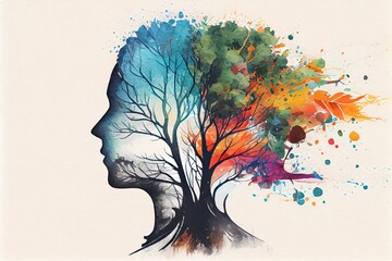 Watercolor Illustration of a Head With Colorful Tree, Spirituality And Creativity Concept, Connection To Nature, Positive Emotion, Mental Health, Used For Tree. Generative AI
