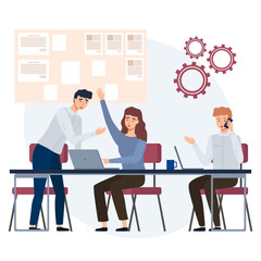 Teamwork concept with business people solving tasks together, sitting at table with laptop. Boss talking to subordinate in office. Collaboration employees talking discussing plan working with computer