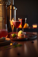 A sophisticated Manhattan with amber hues in a chilled glass, garnished with a cherry and orange twist.