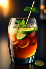 A sophisticated Manhattan with amber hues in a chilled glass, garnished with a cherry and orange twist.