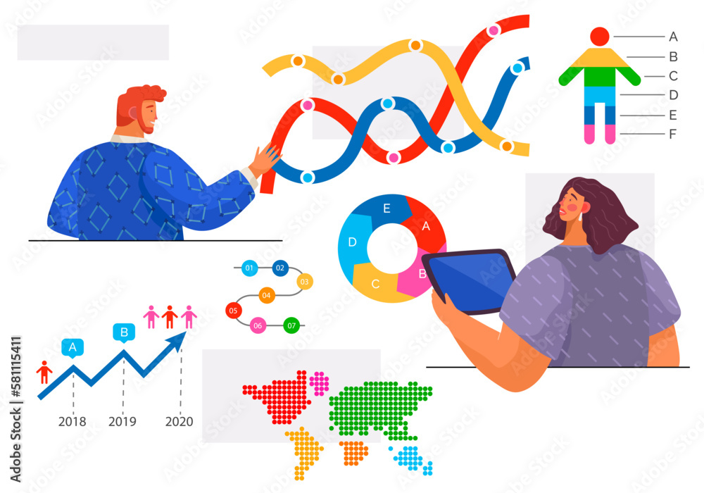 Poster people work with statistical data analysis, changing indicators. employee analyze test results with 