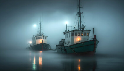 Fototapeta premium Cute small fishing boats in the Norwegian fjord. Scandinavian inspired minimalistic illustration. Generative AI