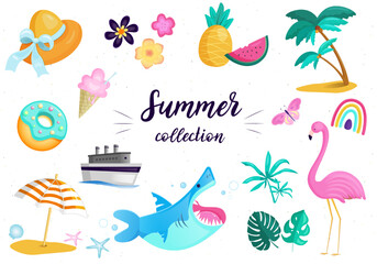 Fototapeta na wymiar Set of cute summer elements: palm tree, beach umbrella, tropical flowers, flamingo. Perfect for summertime poster, card, scrapbooking, invitation.