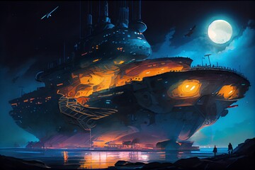 Watercolor Illustration of a Large Battleship Ufo Aircraft Carrier In Fantasy SciFi Industrial Port At Night. Illustration. Generative AI